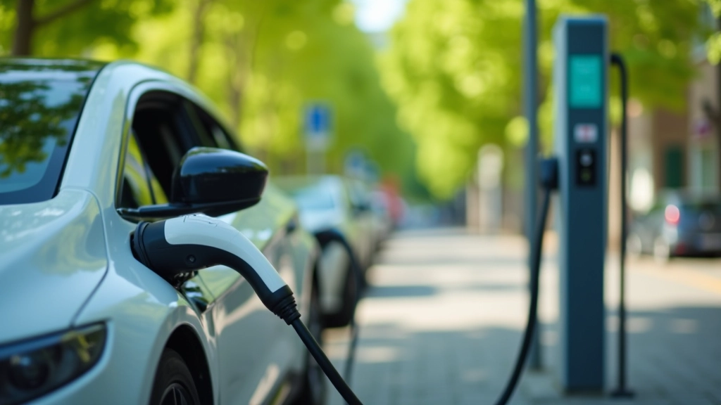 Elektroauto an Ladestation in moderner Stadt, Stadtstraße mit Bäumen, sonniges Wetter
