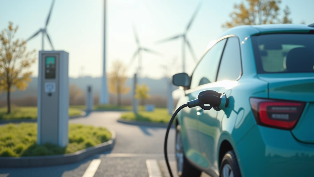 Elektroauto an Ladestation mit Windkraftanlage im Hintergrund, symbolisiert Integration erneuerbarer Energien in Verkehrswende