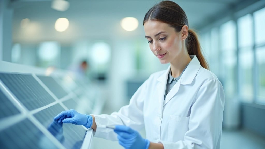 Ingenieurin überprüft grüne Solartechnologie in modernem Labor, helle Beleuchtung, fokussierte Arbeitsatmosphäre