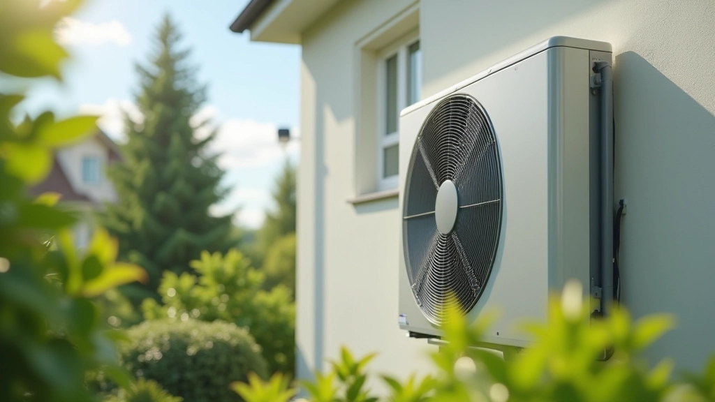 Wärmepumpenanlage an Hauswand, modernes Einfamilienhaus mit grünem Garten, Nahaufnahme technisches Gerät