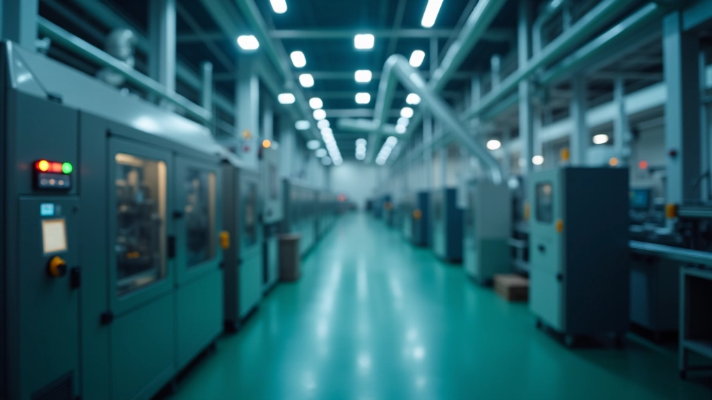 Industrielle Kunststoffverarbeitung mit Maschinen und Rohren, Fabrik mit technischen Anlagen, grüne Lichter an der Ausrüstung