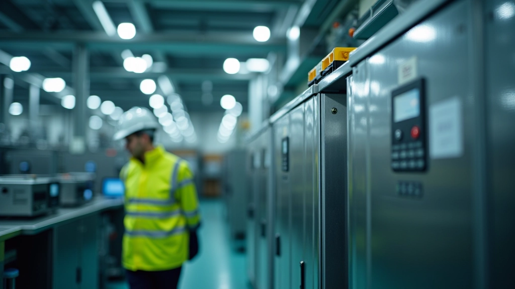 Batterie-Fabrik mit modernen Produktionsanlagen, Techniker kontrolliert grüne Energiespeicher-Module