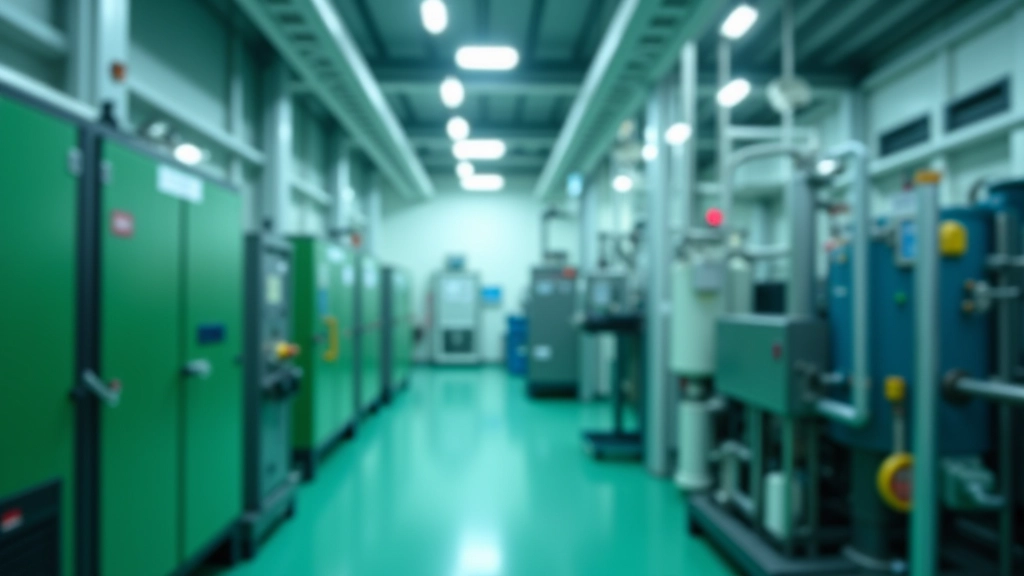 Industriefabrik mit modernen Filtersystemen, grüne Produktionshalle, technisches Equipment und Rohre