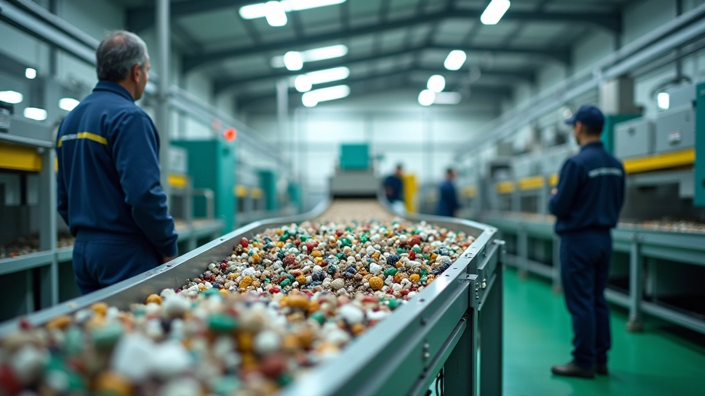Moderne Recyclinganlage mit automatischen Sortiermaschinen und Förderbändern, helle Produktionshalle, technische Ausrüstung