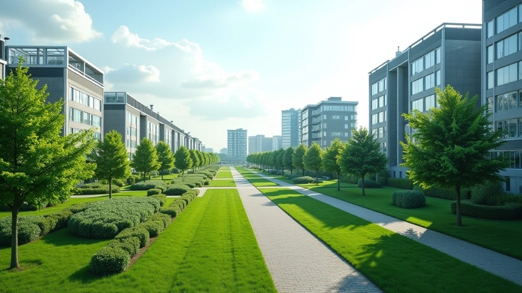 Grüne Stadtlandschaft mit modernen nachhaltigen Gebäuden und Bäumen, nachhaltige urbane Entwicklung in Deutschland