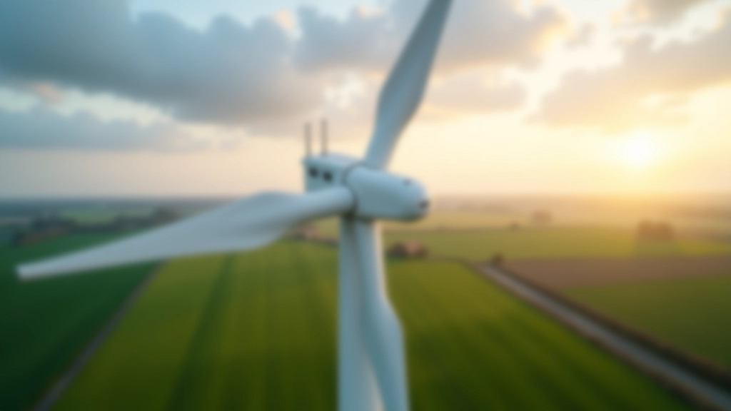 Windkraftanlage vor bewölktem Himmel, Nahaufnahme der Rotorblätter, grüne Landschaft im Hintergrund