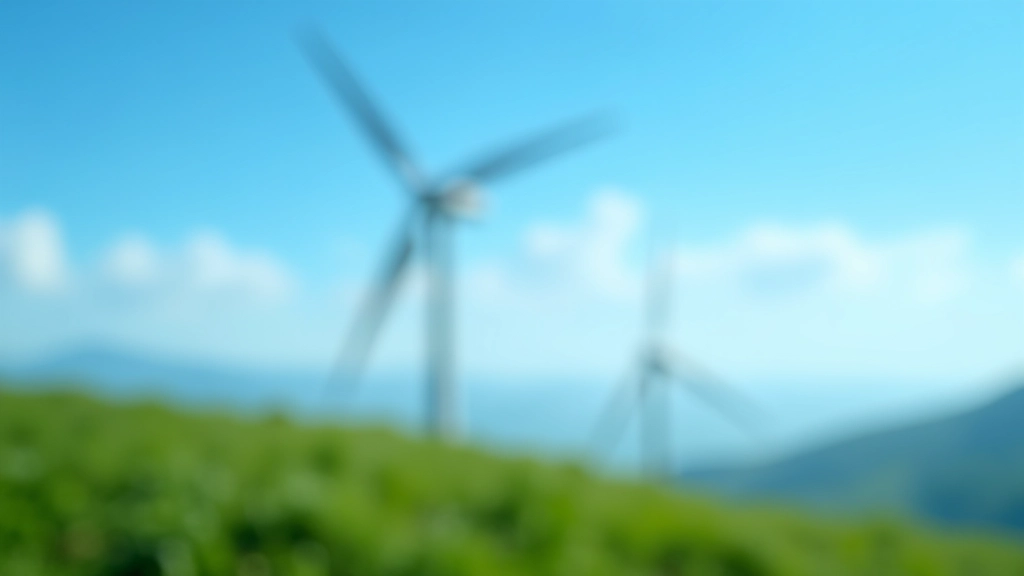 Windenergieanlage auf grünem Hügel vor blauem Himmel, sonniger Tag, Nahaufnahme des Rotorblatts
