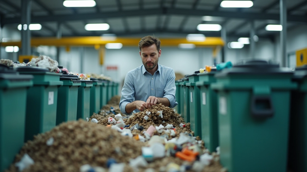 Recycling-Sortieranlage mit Materialien in verschiedenen Behältern, helle Werkstatt, Arbeiter beim Sortieren