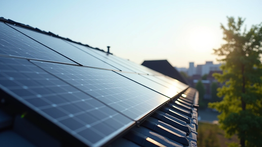 Solarpanel auf Dach eines modernen Hauses mit Stadtansicht im Hintergrund, sonniger Tag, saubere Installation